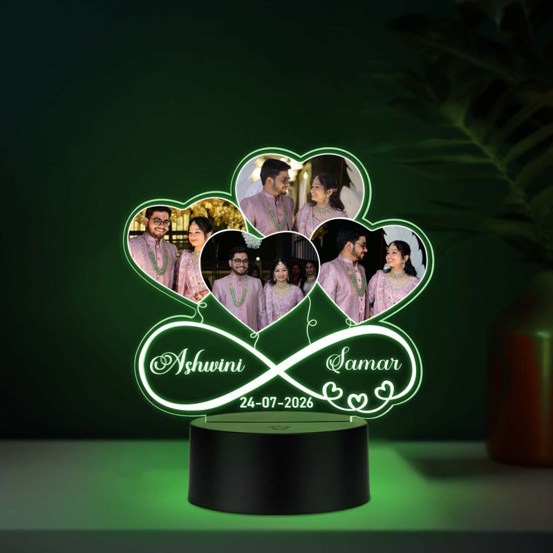Personalised Couple Photo Collage LED Night Lamp with Infinity Symbol and Heart Design Multicolored Light Anniversary or Wedding Gift for Husband, Wife, or Partner